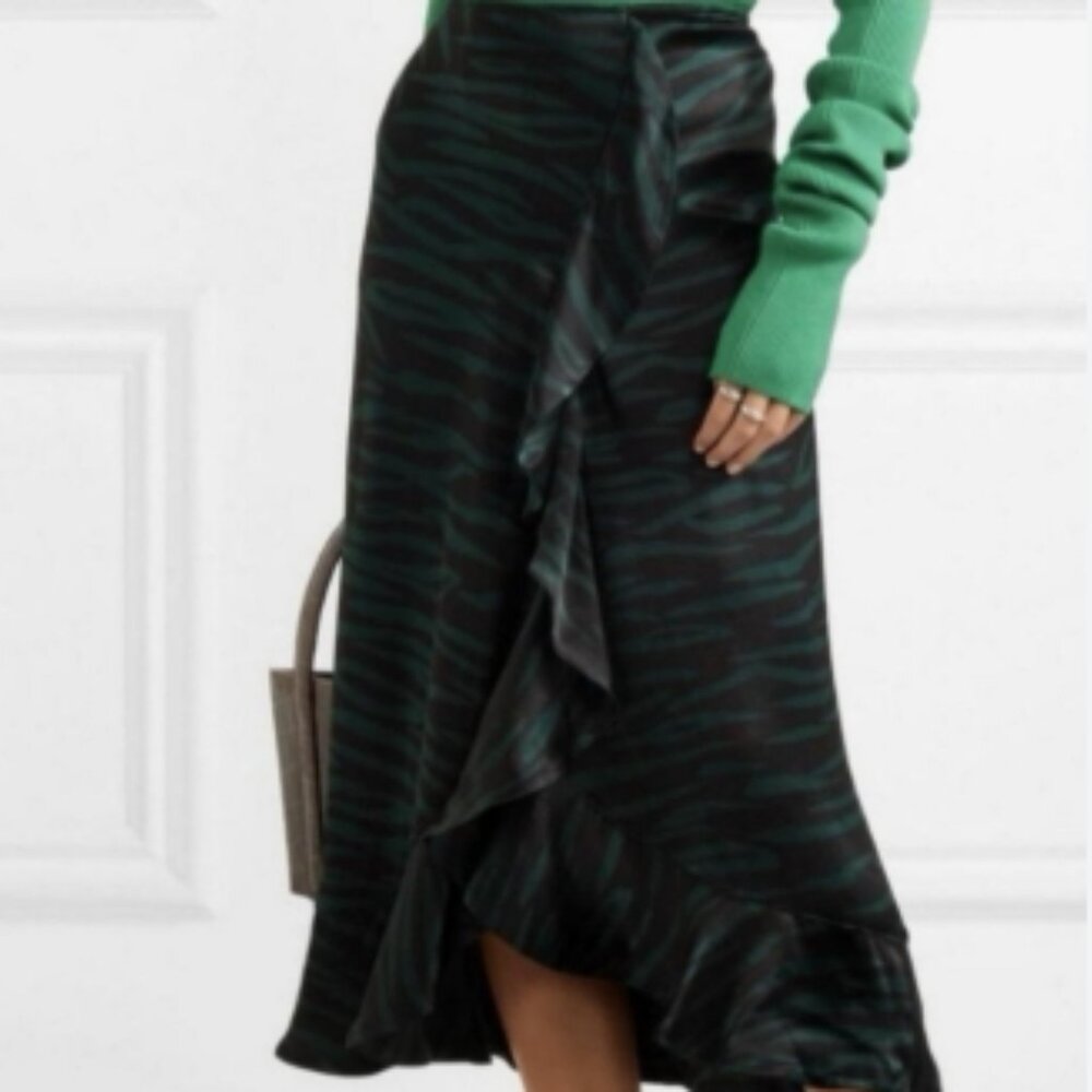 NWT 2024 Collection Ganni Black/Green Animal Print Satin Midi Skirt DK38 $422
